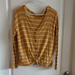 American Eagle Outfitters Mustard and White Striped Tie-Front Long Sleeve Top